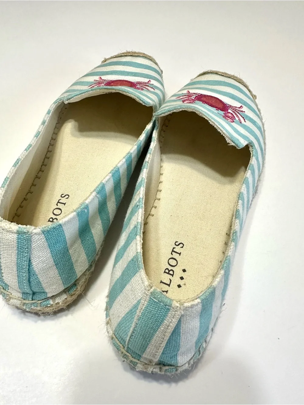 Talbots Striped Aqua & White Espadrille Slip-Ons with Pink Crab Embroidery
